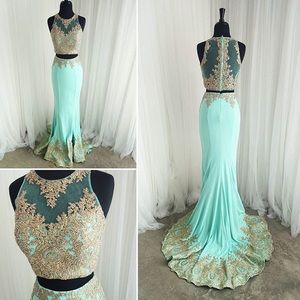 Teal and Gold prom dress w/ bustle tailored